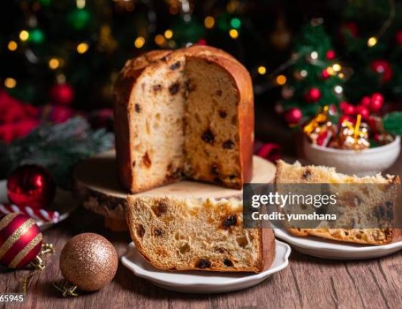 Traditional Italian Christmas cake Panettone with festive decorations